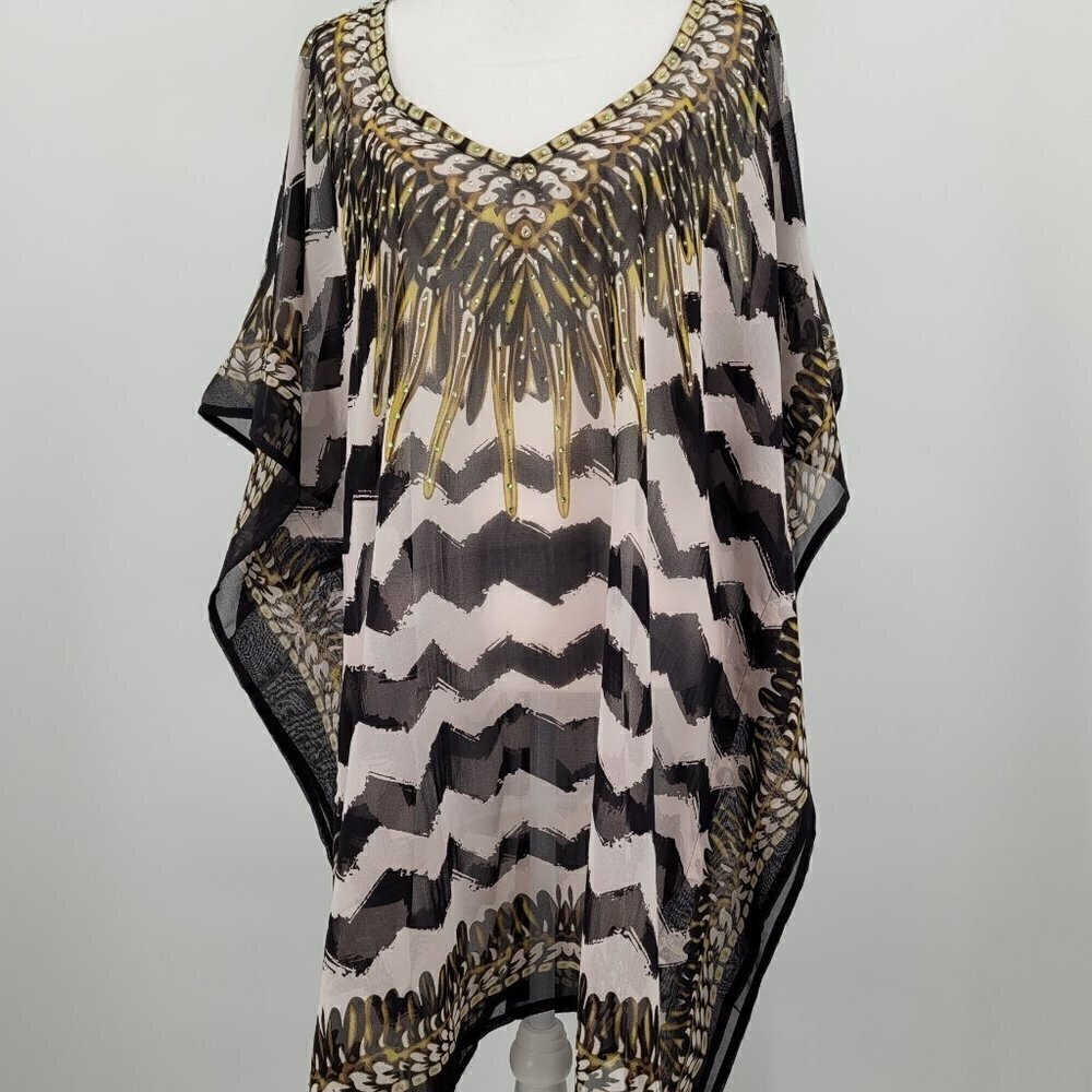 Aqua Blue V Neck Printed Short Caftan /Cover Up